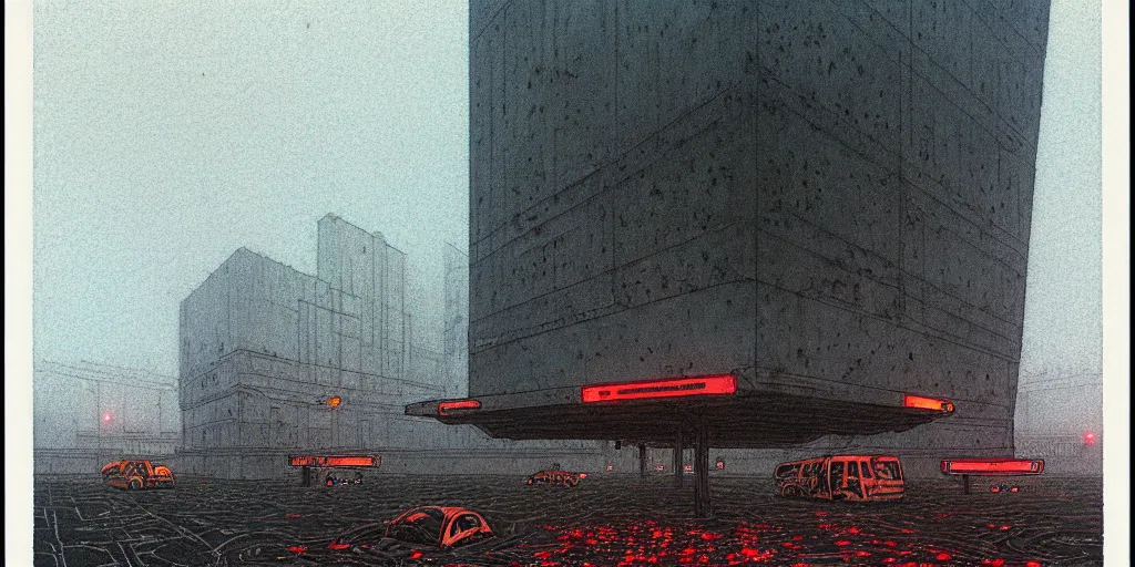 Image similar to grainy risograph matte painting of gigantic huge mech covered with wounds, black, pastel matte colors, staying in the foggy huge parking station, by moebius, hyperrealism, intricate detailed