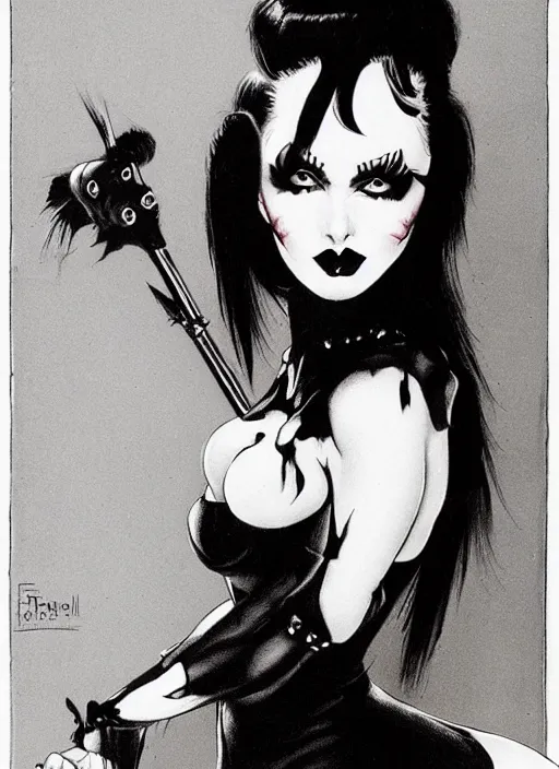Image similar to of a goth girl burlesque psychobilly punk, detailed face, white background, drawing, long shot angle, illustration by frank frazetta