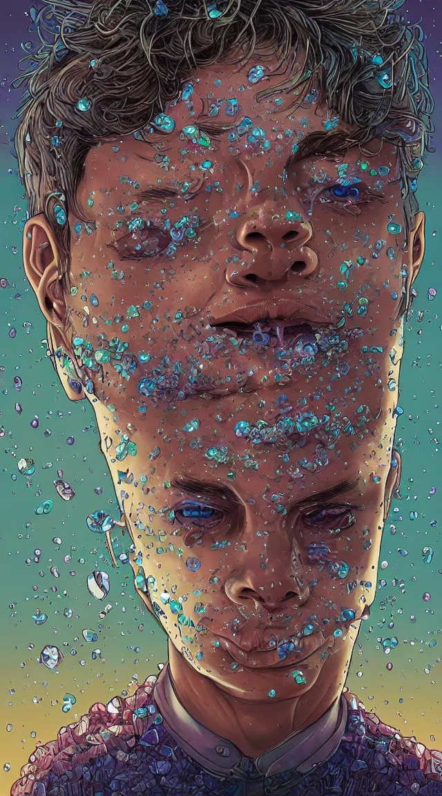 Image similar to Crystal boy by Dan Mumford and Jim Burns, boy with crystals growing in his face