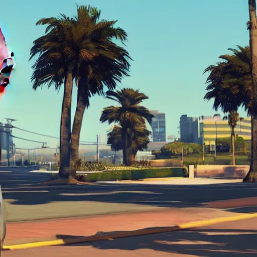 Prompt: Captain Jean Luc Picard in GTA V. Los Santos in the background, palm trees. In the art style of Stephen Bliss.