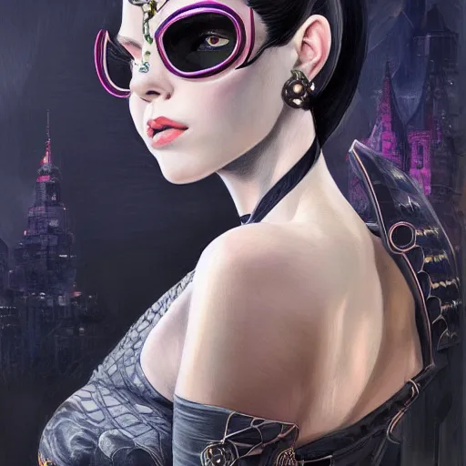 Image similar to a portrait a older anya taylor - joy as bayonetta, urban motifs, intricate, elegant, highly detailed, digital painting, trending on artstation, concept art, smooth sharp focus, illustration, art by artgerm and greg rutkowski