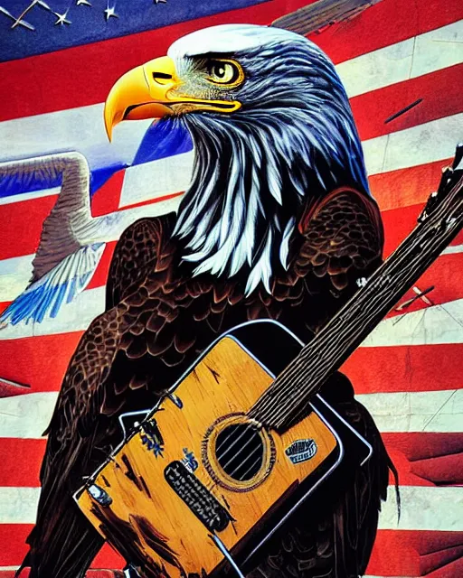 Image similar to a portrait of an anthropomorphic cyberpunk bald eagle screeching while strumming an acoustic guitar by sandra chevrier, by jon foster, detailed render, tape deck, epic composition, cybernetics, 4 k realistic, cryengine, realistic shaded lighting, sharp focus, masterpiece, by enki bilal