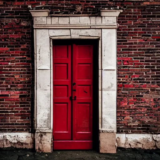 Prompt: A photo of a closed red wooden door and a wall of bricks, eery and misterious