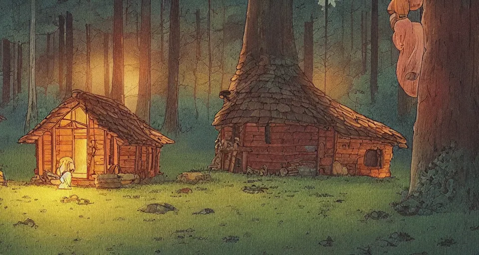 Image similar to beautiful wide shot cozy hut in the forest near river with fireflies , studio ghibli, Miyazaki, studio ghibli, Jean girard, Moebius , animation, golden hour, highly detailed, 70mm