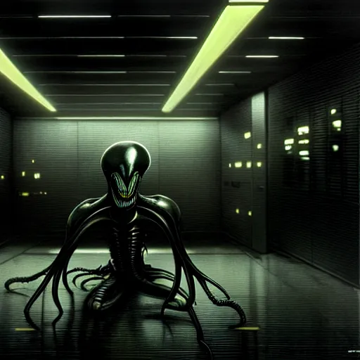 Image similar to black glossy xenomorph, alien movie, endless empty office building, pale yellow wallpaper, moist brown carpet, dim fluorescent lighting, artstation, ultra detailed, creepy, dramatic lighting, photorealistic, art by h. r. giger