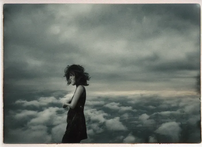 Prompt: mysterious sad girl wrapped in smoke observing a big industrial city metropoli in the distance, cloudy sky, polaroid artistic photo