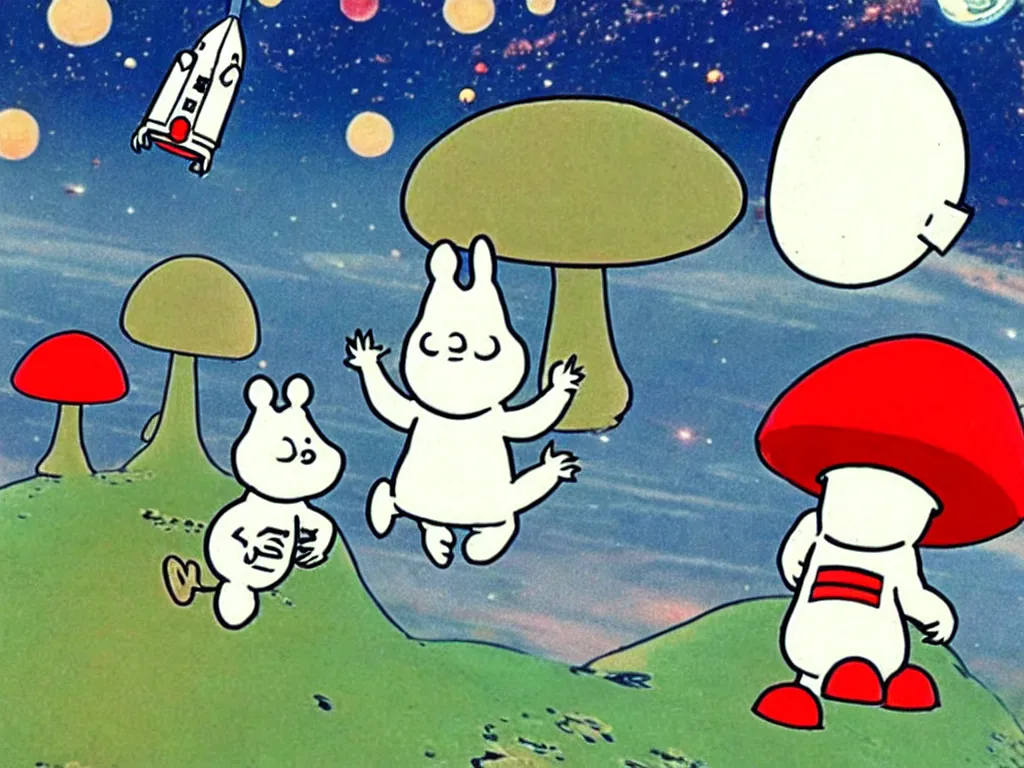 Image similar to moomins in space suits flying around with jetpacks discovering the mushroom planet