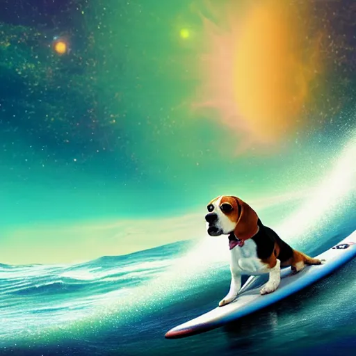 Image similar to photo of a beagle surfing a surfboard on a crashing l wave of alien ocean in space, background is an alien galaxy, aliens in the background, alien colors, octane render, unreal engine, wide view, 8 k, high detaild