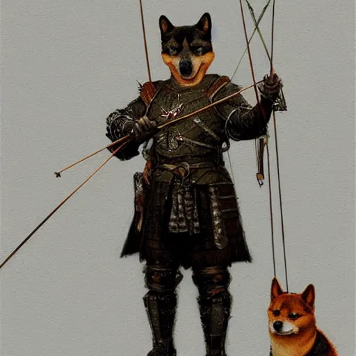 Image similar to anthropomorphic shiba inu, holding medieval crossbow aiming directly to camera, medieval armor, dark aura, fantasy, dark graveyard scene, portrait art by donato giancola and greg rutkowski, realistic face, digital art, trending on artstation, symmetry