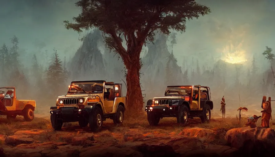 Image similar to Mahindra thar, tribe members watching nearby, an epic fantasy, dramatic lighting, cinematic, establishing shot, extremely high detail, photorealistic, cinematic lighting, artstation, by simon stalenhag, horizon forbidden west