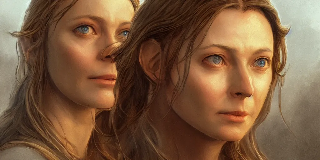 Image similar to Galadriel portrait, golden hour, rim lighting, detailed matte painting, cinematic, Alan Lee, Artstation