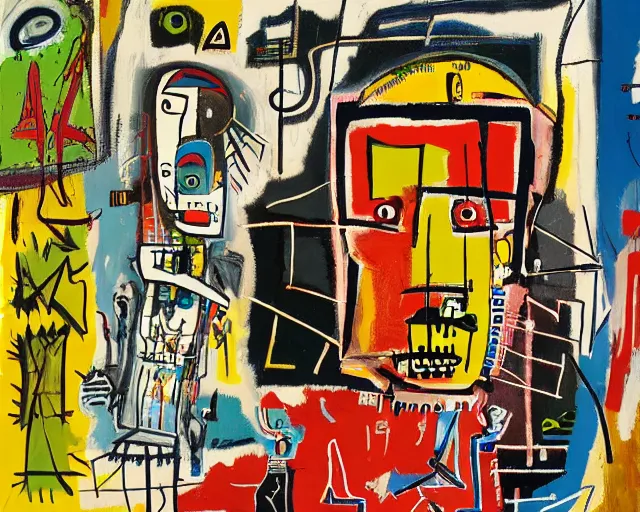 Prompt: painting of a cyborg questioning his reality by graham sutherland, basquiat, neo - expressionism