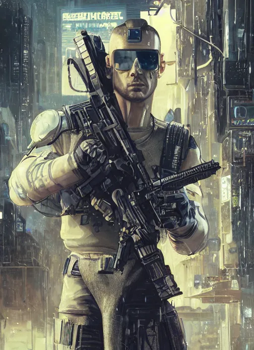 Image similar to cyberpunk military ( blade runner 2 0 4 9, dystopian, cyberpunk 2 0 7 7 character design ), advanced warfare, attractive face. portrait by james gurney and laurie greasley and yoji shinkawa, oil on canvas. cinematic composition, hyper realism, realistic proportions, anatomy, dramatic lighting, photorealistic, high detail, 4 k