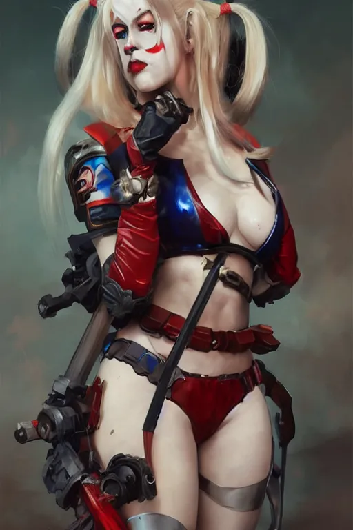 Prompt: portrait of anime Harley Quinn in bikini armor, dc comics, cyberpunk, Warhammer 40000, dark fantasy, digital art from artstation by Ruan Jia and Mandy Jurgens and Artgerm and william-adolphe bouguereau