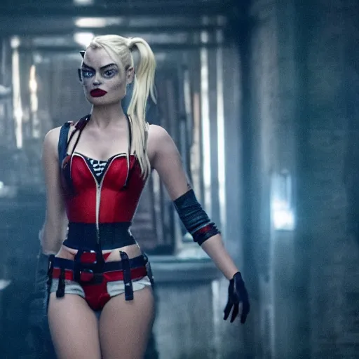 Image similar to Margot Robbie as real-life Harley Quinn, cinematic, Wide-shot, atmospheric lighting, directed by Quentin Tarantino, extreme detail, 8K, movie still