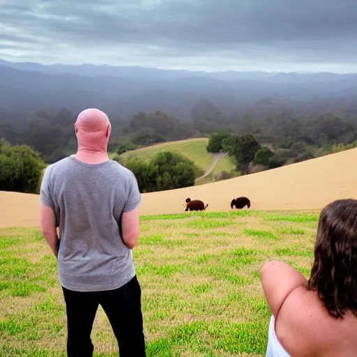 Image similar to portrait of a young chunky bald white male tattoos and his young white female brown hair wife with tattoos. male is wearing a white t - shirt, tan shorts, white long socks. female is has long brown hair and a lot of tattoos. photo taken from behind them overlooking the field with a goat pen. rolling hills in the background of california and a partly cloudy sky