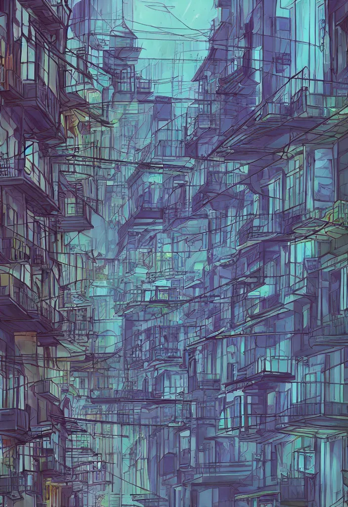 Image similar to DMT city, back alley full of balconies and fire escapes and air conditioners and power lines, anime style cell shader concept art