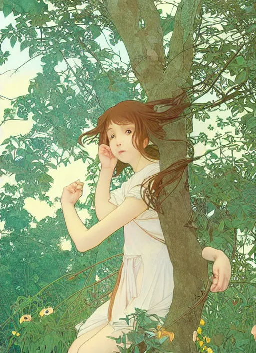 Image similar to young girl with long hair wearing shorts and a t - shirt, climbing a tree, path traced, highly detailed, high quality, digital painting, by studio ghibli and alphonse mucha, leesha hannigan, hidari, art nouveau, chiho aoshima, jules bastien - lepage