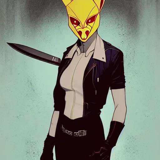 Image similar to style of Jaime McKelvie and Joshua Middleton comic book art, cinematic lighting, realistic, bunny mask female villain holding a bloody kitchen knife, standing in an alleyway, full body sarcastic pose, symmetrical, realistic body, knee high socks, rioters, people fighting, The Purge, night, horror, dark color palette