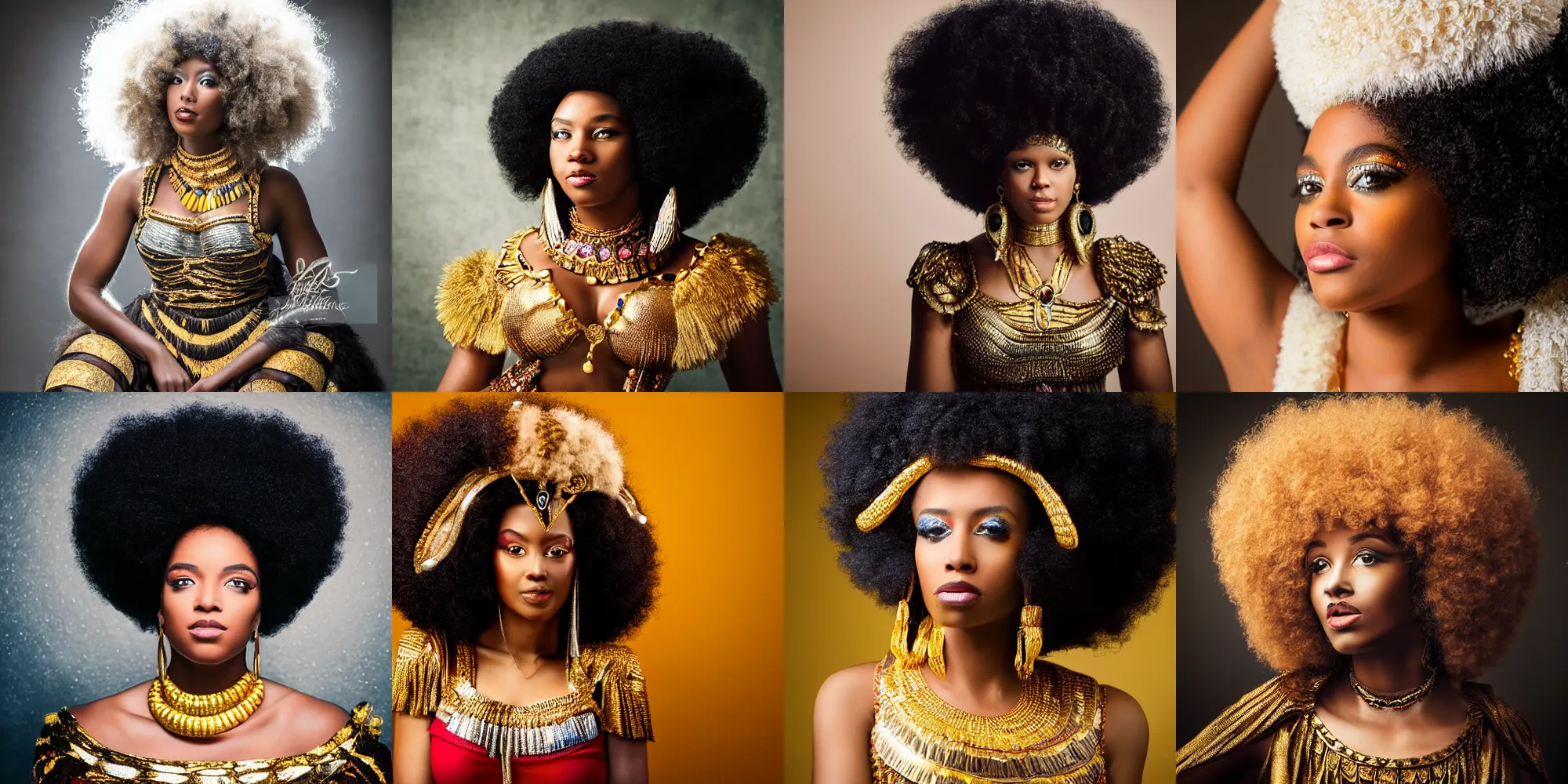 Prompt: a beautiful close - up shot of a black woman with a huge afro, in a cleopatra costume, beautiful rembrandt light, studio photography, in the style of victoria frances