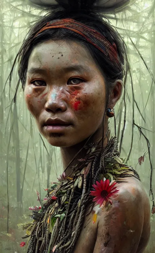 Image similar to detailed portrait of a tribal woman with asian eyes and thick lip forest girl, flowers and trees, by ismail inceoglu dragan bibin hans thoma greg rutkowski alexandros pyromallis nekro rene maritte illustrated, perfect face, fine details, realistic shaded, fine - face, pretty face