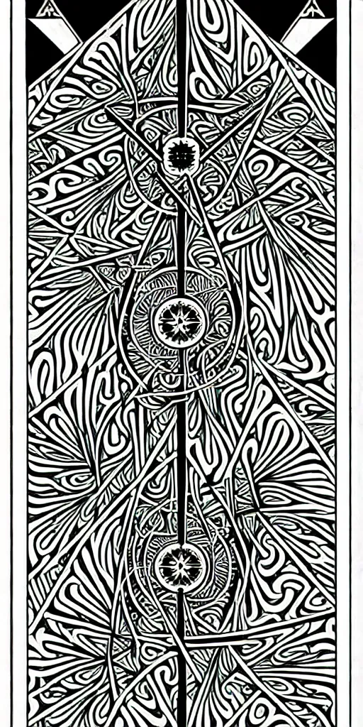 Image similar to a beautiful black and white fractal tarot card featuring bold occult imagery with clean lines. circuit board. detailed adult coloring book