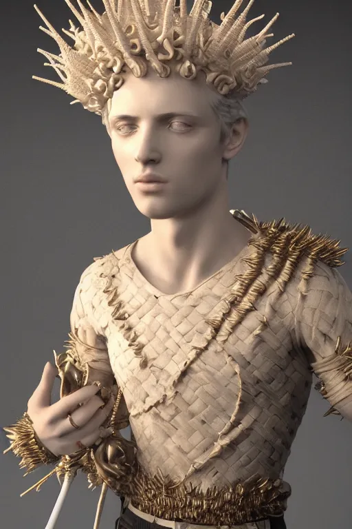 Image similar to a realistic porcelain baroque style sculpture of handsome young seductive Spanish prince with a spiky hair, wearing a crown made out of woven pipe cleaners, floating in outer space, photorealism, octane render, depth of field, 8k, 35mm, artgem, Trending on artstation