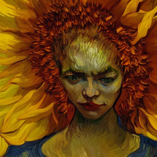 Image similar to closeup, giant sunflower head, woman standing in a room, surreal, dramatic light, impressionist painting, digital painting, artstation, van gogh