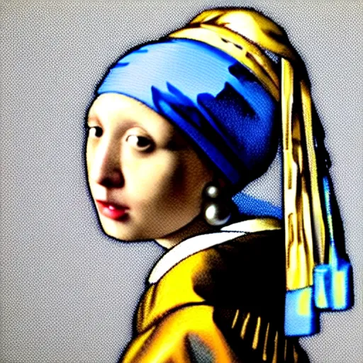 Image similar to girl with a pearl earring with a pasta strainer on her head