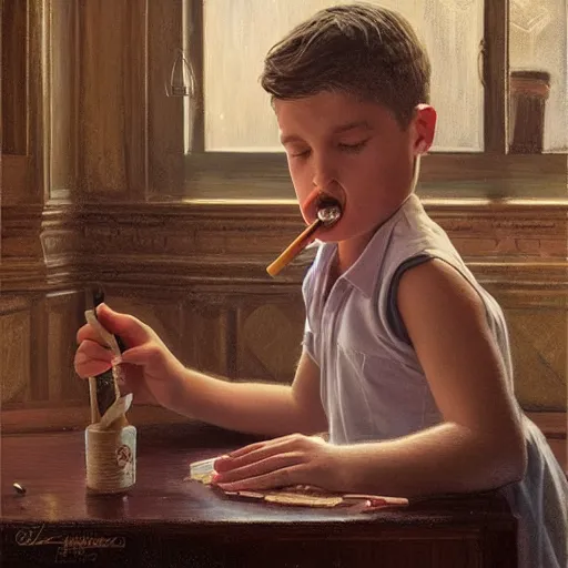 Prompt: portrait of a child smoking at an old bar, digital painting, artstation, concept art, donato giancola, Joseph Christian Leyendecker, WLOP, Boris Vallejo, Breathtaking, 8k resolution, extremely detailed, beautiful, establishing shot, artistic, hyperrealistic, octane render, cinematic lighting, dramatic lighting, masterpiece, light brazen, extremely detailed and beautiful face