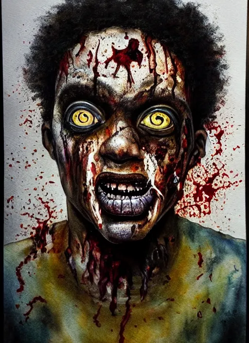 Image similar to african american zombie hollywood artwork professional acting headshot, hyperrealism, intricate detail, studio lighting, charming expression gesicht, hauntingly beautiful zombie, watercolor art, epic, legendary, drawn and painted, colored layers, dulled contrast, exquisite fine art, splatterpaint