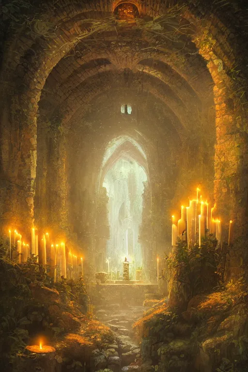 Prompt: Detailed Interior of Monastery Ruins, Fireflies Lush vegetation, light of god, light shafts, candles, stunning atmosphere, in Style of Peter Mohrbacher, cinematic lighting