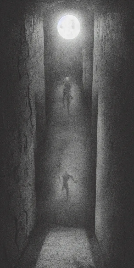 Image similar to a wretched figure at the end of a long hallway reaches out from the darkness, backlit, moonlight,