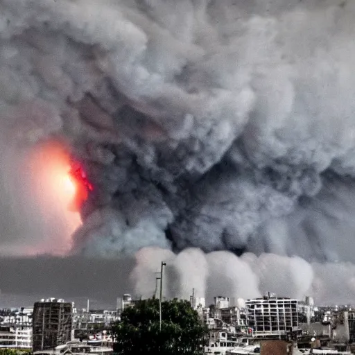Prompt: dramatic photo of massive explosions detonating all over a city