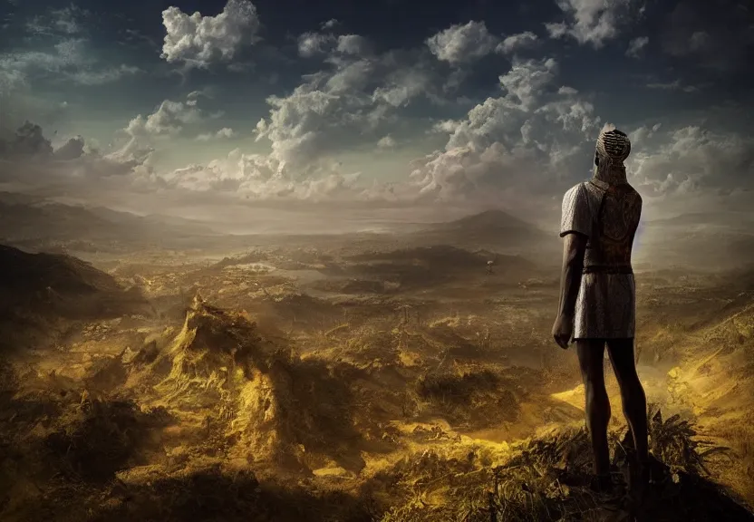 Image similar to “king, looking over his civilization from the top of the hill, digital art, award winning, 4k”