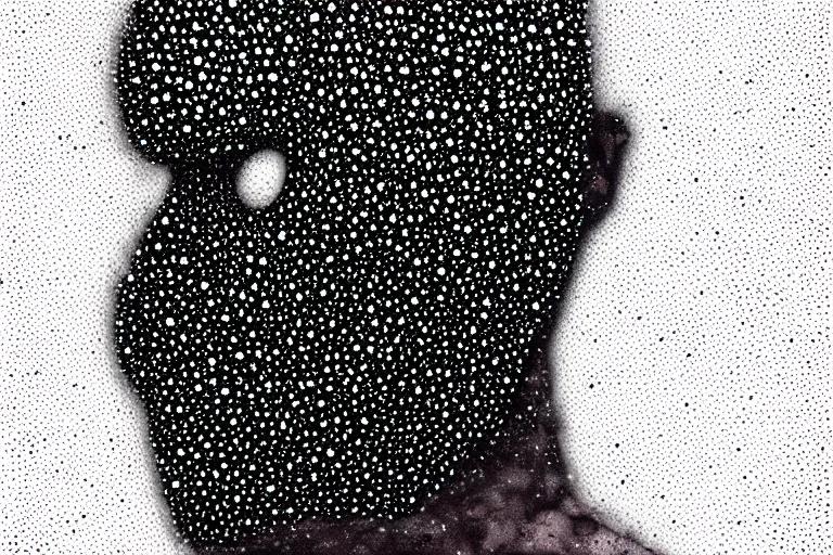 Prompt: face made out of mist, faceless people dark, dots, drip, stipple, pointillism, technical, abstract, minimal, style of francis bacon, asymmetry, pulled apart, cloak, hooded figure, made of dots, abstract, balaclava, colored dots