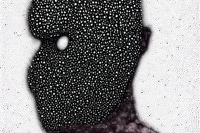 Image similar to face made out of mist, faceless people dark, dots, drip, stipple, pointillism, technical, abstract, minimal, style of francis bacon, asymmetry, pulled apart, cloak, hooded figure, made of dots, abstract, balaclava, colored dots