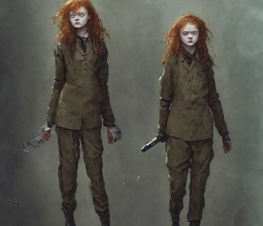 Prompt: sadie sink dressed in oversized school uniform : costume concept for a scifi cyberpunk film. by greg rutkowski, greg staples, gustave courbet, rosa bonheur. sharp focus, cinematic atmosphere, detailed and intricate, perfect anatomy