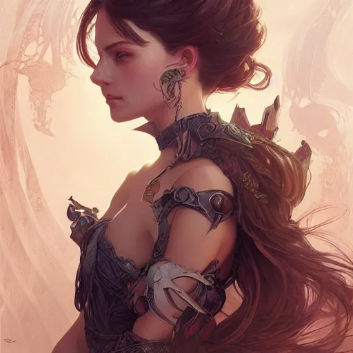 Image similar to portrait of an Alyx Vance, D&D, fantasy, intricate, elegant, highly detailed, digital painting, artstation, concept art, smooth, sharp focus, illustration, art by artgerm and greg rutkowski and alphonse mucha