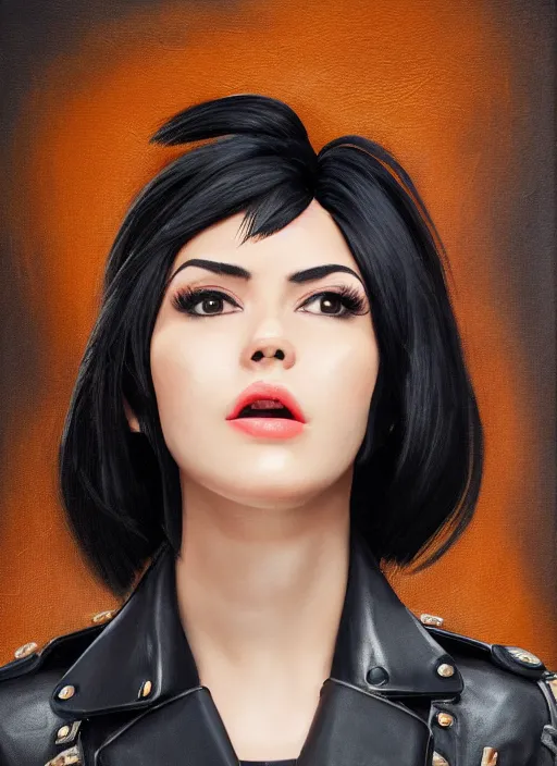 Prompt: overwatch style oil painting portrait of as woman with black hair and a leather jacket, confident pose, 4 k, expressive surprised expression, makeup, wearing sleek armor, studio lighting, black leather harness, expressive detailed face and eyes,