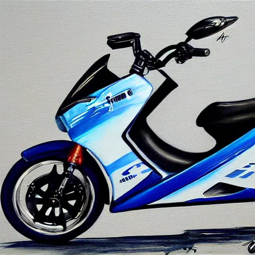 Prompt: painting of tuned blue yamaha aerox 7 5 ccm, race style, custom scooter, in the style of artgerm