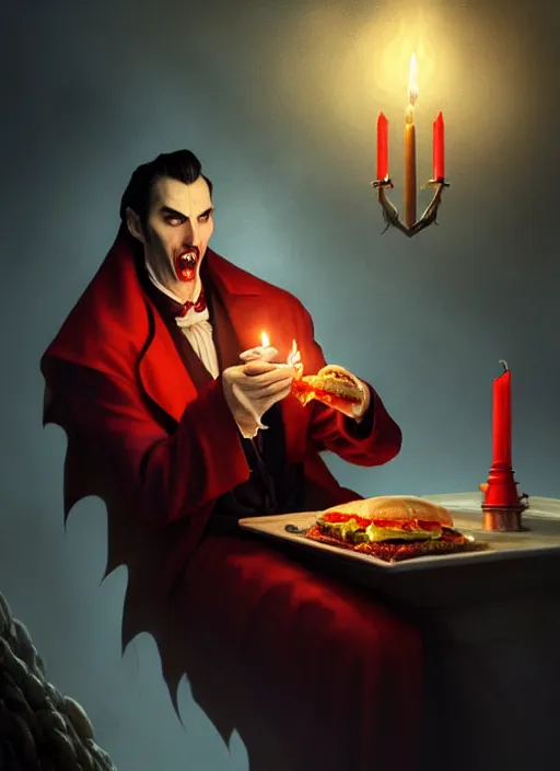 Image similar to portrait of dracula eating a hamburger while reclining, intricate, elegant, glowing candle lights, highly detailed, digital painting, artstation, concept art, smooth, sharp focus, illustration, art by wlop, mars ravelo and greg rutkowski