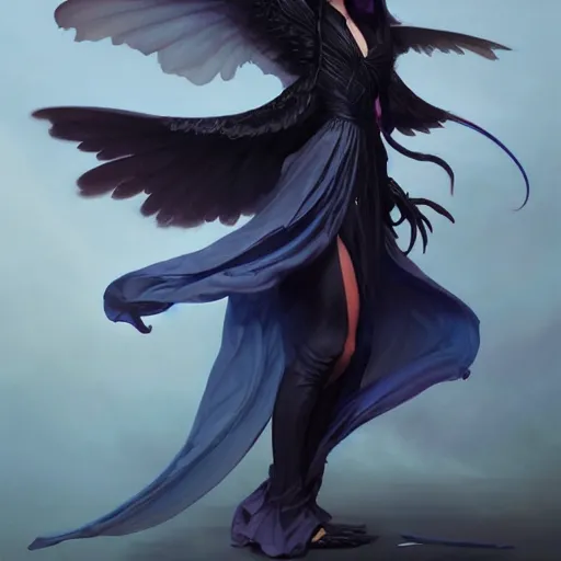 Prompt: character portrait of a modest robed dark raven angel with iridescent black raven wings, by Peter Mohrbacher, Artgerm, Mark Brooks, Marina Abramović, Wadim Kashin, Greg Rutkowski, trending on Artstation