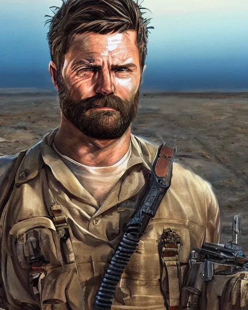 Image similar to portrait of muscular, tired and alcoholic 3 0 - year - old handsome man with short darkblonde hair, serious sad look in his eyes, dirty beard, blue eyes, wearing dirty soldier uniform, on the desert, hyper realistic face, beautiful eyes, character art, art by mark brooks, hyperdetailed, cryengine, trending on artstation, digital art