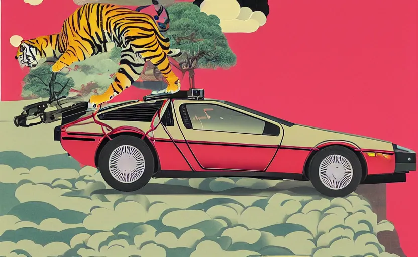 Prompt: a red delorean and a yellow tiger, painting by hsiao - ron cheng, utagawa kunisada & salvador dali, magazine collage style, pink clouds