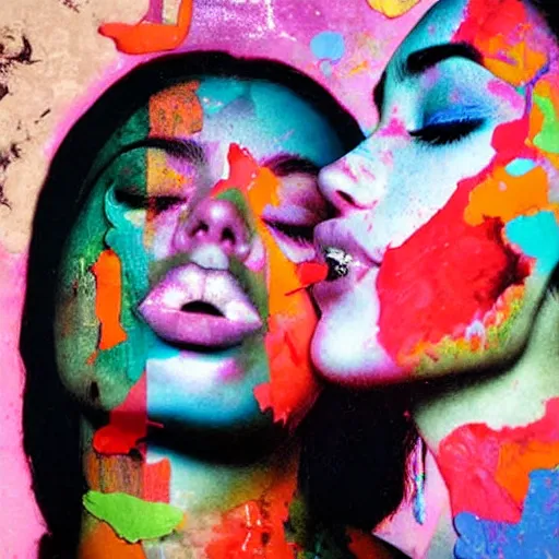 Prompt: double exposure of two women kissing ( closeup ) and a trippy painting, lomography. this photograph is subsequently printed out and splattered with paint. mixed media collage art with magazines and found art