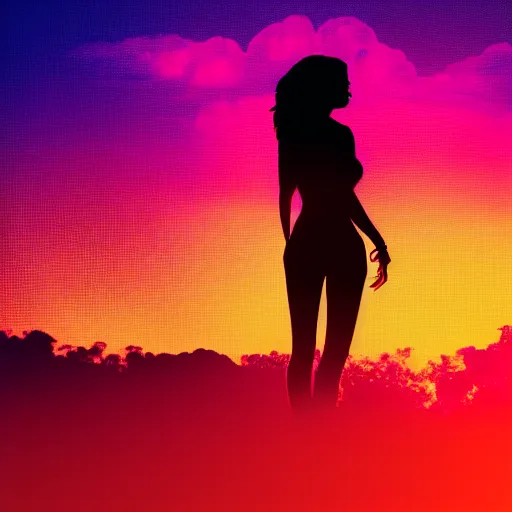 Prompt: silhouette of a woman, synthwave background, superb resolution