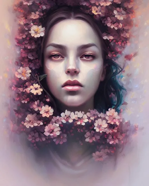 Prompt: portrait of a woman covered in flowers, overgrown beauty portrait, by peter mohrbacher, alena aenami, artgerm