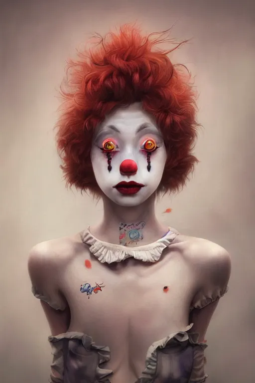 Image similar to breathtaking detailed painting of clown girl , with anxious, piercing eyes, Atari game cover art by Hsiao-Ron Cheng, James jean, Miho Hirano, Hayao Miyazaki, extremely moody lighting, hyperrealistic, octane render, RPG portrait, ambient light, dynamic lighting