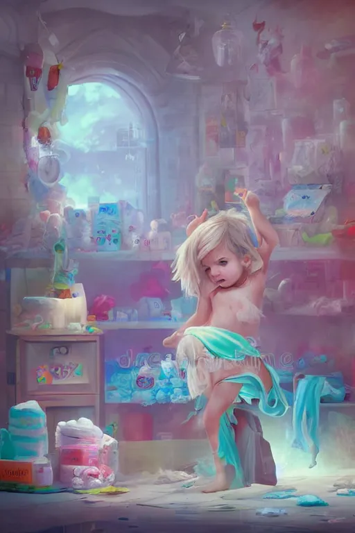 Image similar to Diaper Disposal Factory, Overflowing with Diapers, digital art, fantasy, trending on artstation, professional illustration, cgsociety, ultra detailed, volumetric lighting, celshaded, colorful, girly, lively, cute